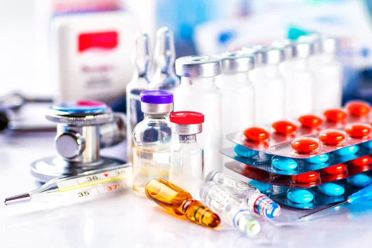 Vials of pills and other medications.