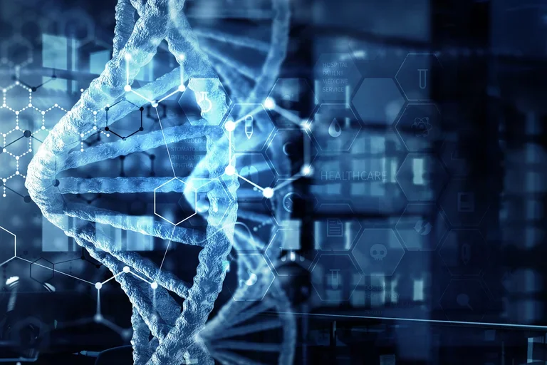 AI generated DNA strands in blue and white